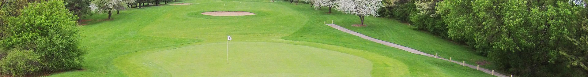 A scenic panoramic view of a lush green golf course with a flag marking the golf hole, surrounded by blooming white trees.